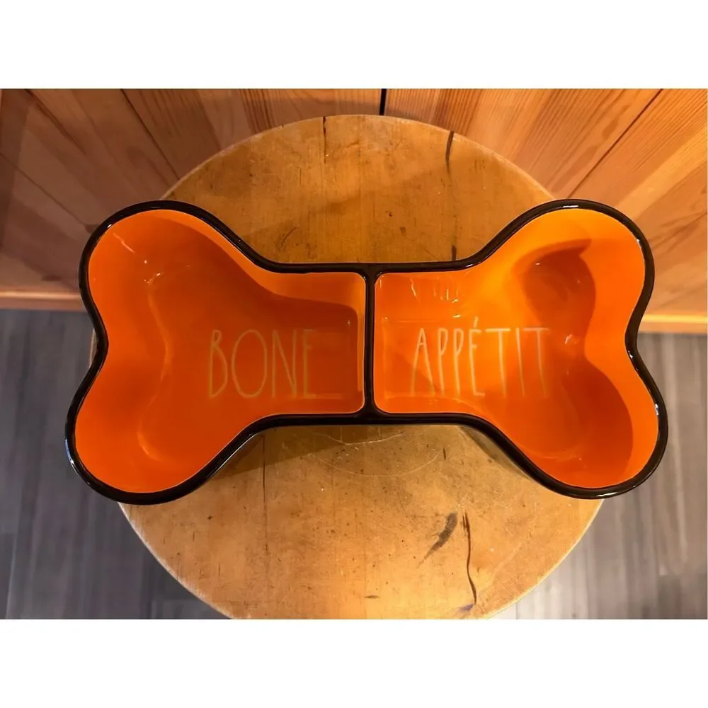 Rae Dunn Artisan Collection Bone Appetit Orange And Black Dog Pet Bowl New in bo
